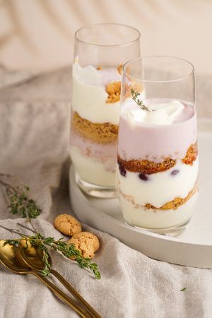 Two tall glasses with a layered creamy yoghurt dessert trifle with cookies, amaretti, cherries and thyme on a concrete trayの写真素材