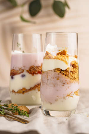 Two tall glasses with a layered creamy yoghurt dessert trifle with cookies, amaretti, cherries and thyme in a tropical settingの写真素材