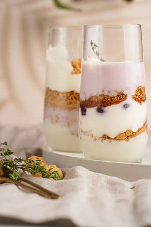 Two tall glasses with a layered creamy yoghurt dessert trifle with cookies, amaretti, cherries and thyme on a concrete trayの写真素材