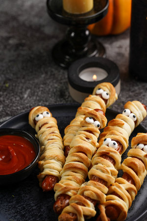 Cute Halloween party snack: wiener sausage with sugar eyes wrapped in dough stripes resembling mummies on a black plate with tomato ketchupの写真素材