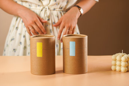 Two cylinder package boxes made of recycled paper on a yellow surface and a girl standing behind themの写真素材