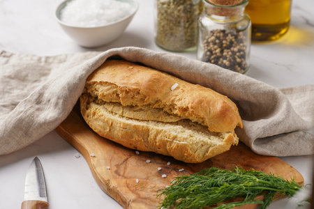 A loaf of homemade wheat bread on a wooden board on marble surfaceの写真素材
