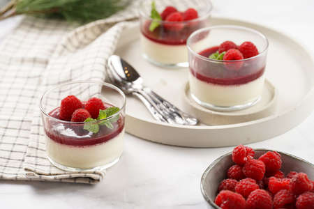 Italian dairy dessert panna cotta with raspberry jam, fresh raspberries and mint on round concrete trayの写真素材