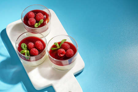 Italian dairy dessert panna cotta with raspberry jam, fresh raspberries and mint on marble board on blue surface, copy spaceの写真素材