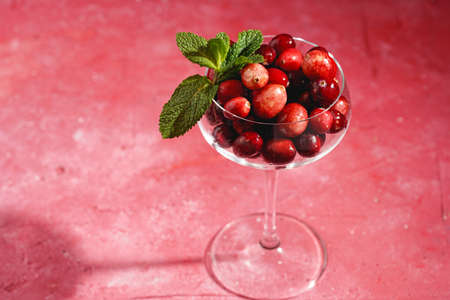 Wide champagne glass filled with fresh raw cranberries on a round marble tray, copy spaceの写真素材