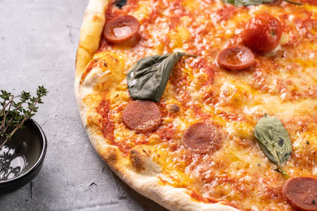 Freshly baked traditional mediterranean pizza with tomato sauce marinara, mozzarella cheese, pork sausage salsiccia and basilの写真素材