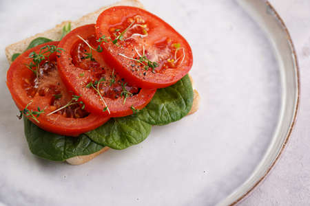 Simple and tasty vegan sandwich with white wheat toast bread, slices of tomato, spinach and microgreens on scandi plate on light gray backgroundの写真素材