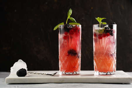 Two long glasses with non-alcoholic mocktail version of the classic blackberry and gin cocktail bramble on marble boardの写真素材