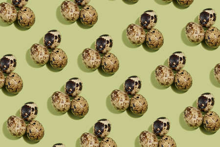 A hard light pattern on small spotted quail eggs on a pastel green background