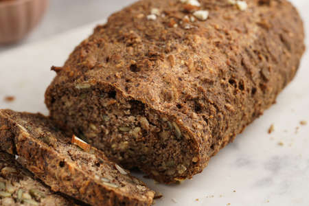 Homemade gluten-free and yeast-free buckwheat whole bread bread loaf with sunflower and pumkin seeds...