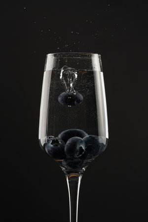 a champagne glass on black background contour light with sparkling liquid and blueberriesの写真素材