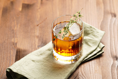 a tumbler glass with brown alcoholic drink, thyme and ice cubes on linen napkin - whisky, rum or...
