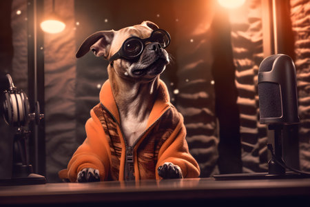 a cute dog wearing human clothes sitting in a recording studio about to produce a podcast or asmr sounds. Generative AI technologyの素材