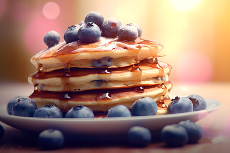 A stack of fluffy american pancakes with blueberries, butter, honey or maple syrup dripping from the top, back light, rustic style. Generative IA technologyの素材