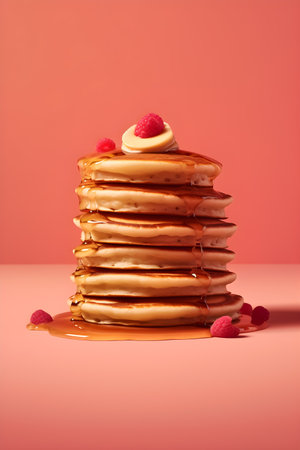 A stack of fluffy american pancakes with butter, honey or maple syrup dripping from the top, on bright pink background. Generative IA technologyの素材