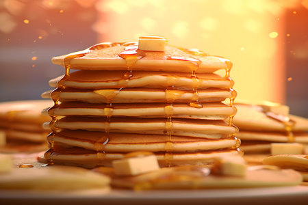 A stack of fluffy american pancakes with butter, honey or maple syrup dripping from the top, back light, rustic style. Generative IA technologyの素材