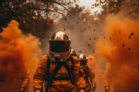 A concept of post-apocalyptic post-nuclear explosion survival. A person wearing a gas mask or an astronaut helmet surrounded by smoke bomb fumes, red and orange. Generative AI technologyの素材