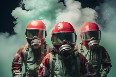 A concept of post-apocalyptic post-nuclear explosion survival. A person wearing a gas mask or an astronaut helmet surrounded by smoke bomb fumes, red and orange. Generative AI technologyの素材