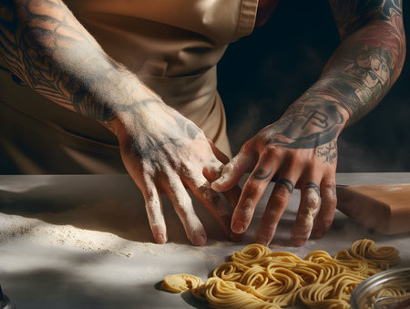 Hands of a male chef baker with healed tattoos on arms making italian pasta gnocchi on a dark kitchen table. Generative IA technologyの素材