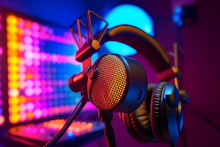 A close-up of a microphone and headphones for podcasting or ASMR sounds on black stand in a neon led lighting, cyan and magenta, in a sound recording studio. Generative AI technologyの素材