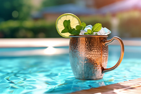 A copper moscow mule mug with summer cocktail with lemon and mint standing on the edge of the pool in the summer sunlight. Close up. Generative AI technologyの素材