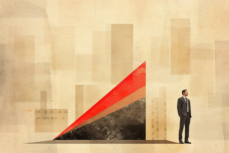 Contemporary art collage with project manager standing next to a skyscraper symbolizing success over light background. Top company Generative AI technologyの素材