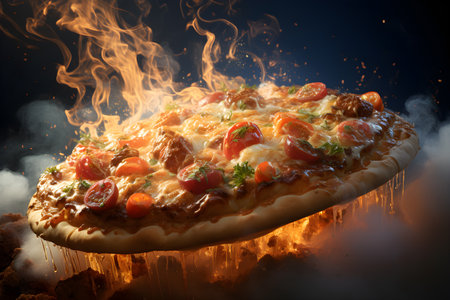 a whimsical pizza with cheese, tomatoes and chili sauce floating and burning as if volcano erupting. Fire food levitation. Generative AI technologyの素材