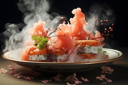 Close-up on a sushi roll with salmon and on a plate, ingredients flying, smoke and steam behind, black background, selective focus. Generative AI technologyの素材