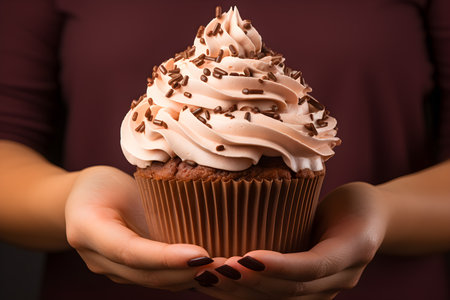 a close-up of female hands holding a chocolate muffin with whipped cream and sweet decoration, purple background. Generative AI technologyの素材