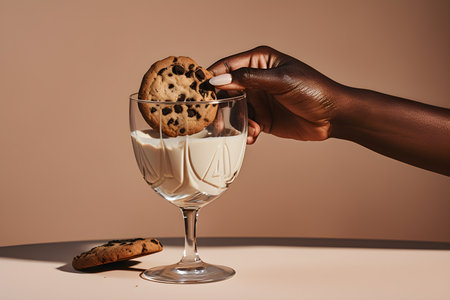 A female dark-skinned hand dunking an american chocolate chip cookie in a glass with milk, beige colored background. Generative AI technologyの素材