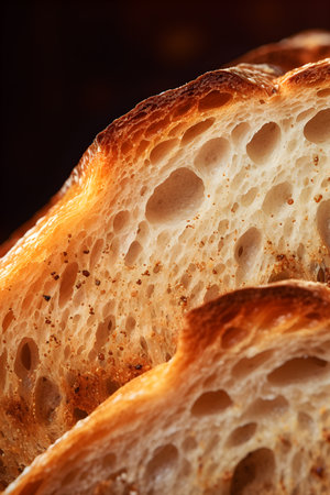a macro photo of a sourdough wheat white bread with nice crust and oxygen bubbles, slices, filling the frame. Generative AI technologyの素材