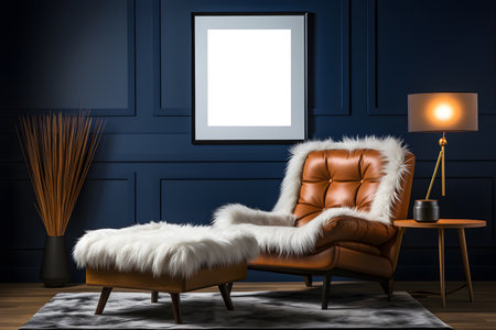 Empty wooden picture frame mockup hanging on dark blue wall, brown leather couch with white fur. Living room, modern luxurious interior. Generative AI technologyの素材