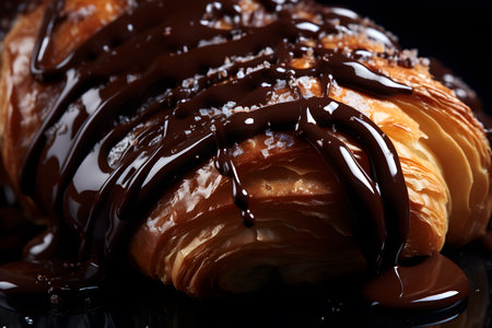 a macro image of a texture of puff pastry making a french butter croissant with melted chocolate. Generative AI technologyの素材