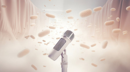 a clean lightweight image of a white microphone for podcasting or ASMR sounds floating on beige colored divine tender background. Generative AI technologyの素材
