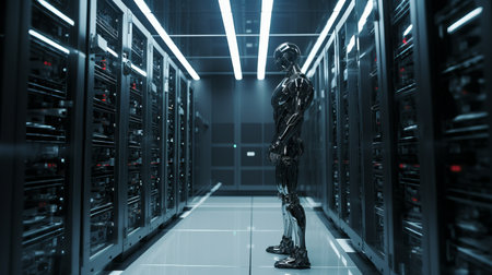 A dark server room with tall industrial looking storage with neon lights. A robotic humanoid standing in the blue cyber hallway. Generative AI technologyの素材