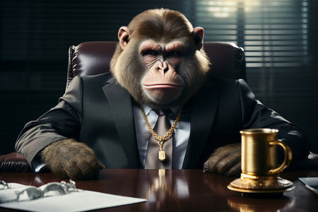 a big fat gorilla wearing human clothes, heavy golden chains and coins, sitting at the office table, looking seriously and self-confidently ready to do business. Generative AI technologyの素材