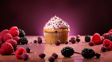 a close-up of a chocolate muffin with whipped cream and colorful sweet decoration, a birthday candle on top, dark pink background. Generative AI technologyの素材