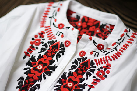 A close-up on a traditional ukrainian embroidered shirt or blouse collar, black and red embroidery. Generative IA technologyの素材