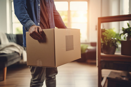 authentic candid photo of moving from one flat to another home, house or apartment: people carrying big paper boxes for moving, much sunlightの素材