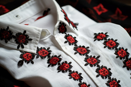 A close-up on a traditional ukrainian embroidered shirt or blouse collar, black and red embroidery. Generative IA technologyの素材