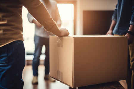 authentic candid photo of moving from one flat to another home, house or apartment: people carrying big paper boxes for moving, much sunlightの素材