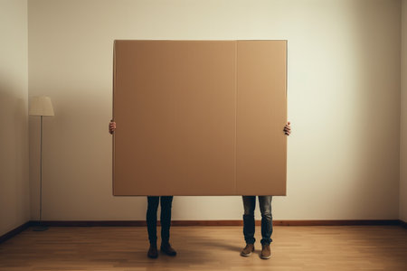 authentic candid photo of moving from one flat to another home, house or apartment: two people holding a big paper box for moving, much sunlightの素材