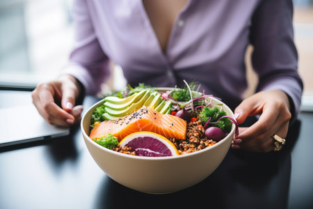 female office worker in white shirt eating for lunch Trendy dish poke bowl with rice or quinoa and salmon in a white bowl. Take away meal in the lunch break. Generative AI technologyの素材