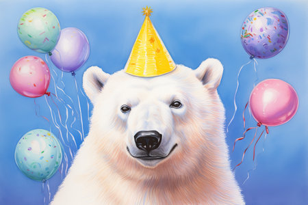 a color pencil drawing of a cute white polar bear wearing a birthday party cone holding air balloons, on blue background. Postcard template.Generative AI technologyの素材