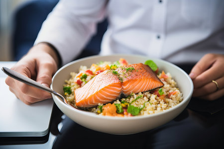 male office worker in white shirt eating for lunch Trendy dish poke bowl with rice or quinoa and salmon in a white bowl. Take away meal in the lunch break. Generative AI technologyの素材