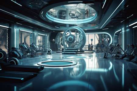 a futuristic interior of a cyberpunk fitness studio - spacious hall with sports equipment, neon blue and cyan lighting. Generative AIの素材