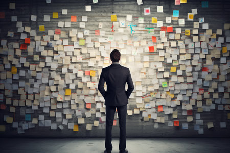 a man in business clothes standing with his back turned in front of a huge wall with sticky notes, cutouts and threads connecting the information. Detective investigative work in finance or business.の素材