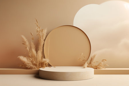 Beauty product photo background for showcase: smooth round beige colored podium in soft sunlight, dried flowers, on beige colored table counter top, negative space. Generative AIの素材