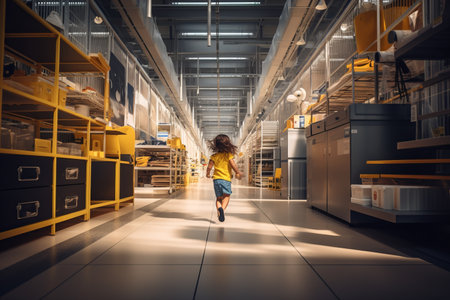 a child in yellow clothes running with his back turned through the hallway of a huge furniture store showroom and warehouseの素材