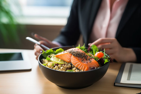 female office worker in white shirt eating for lunch Trendy dish poke bowl with rice or quinoa and salmon in a white bowl. Take away meal in the lunch break.の素材